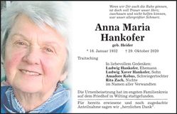 Traueranzeige Anna Maria Hankofer