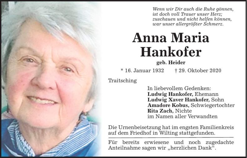 Traueranzeige Anna Maria Hankofer