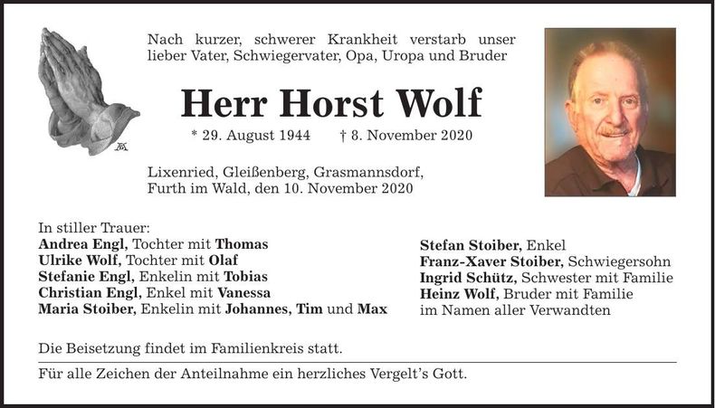 Traueranzeige Horst Wolf