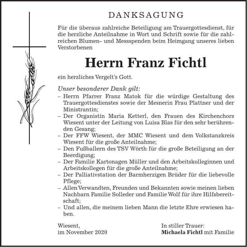 Traueranzeige Franz Fichtl