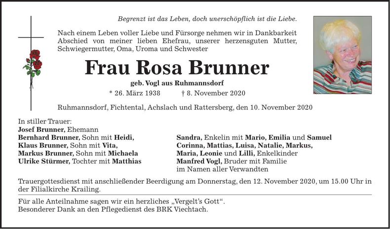 Traueranzeige Rosa Brunner