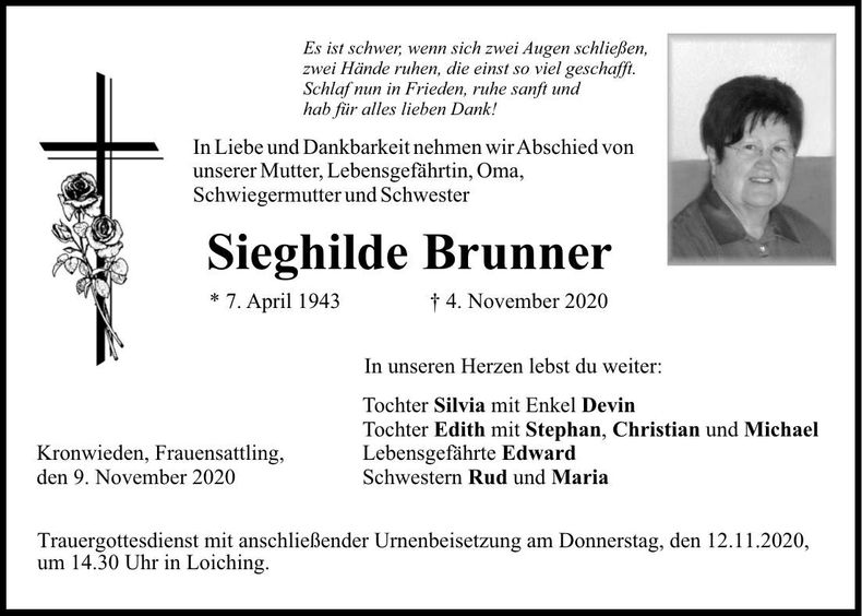 Traueranzeige Sieghilde Brunner