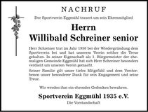Traueranzeige Willibald Schreiner