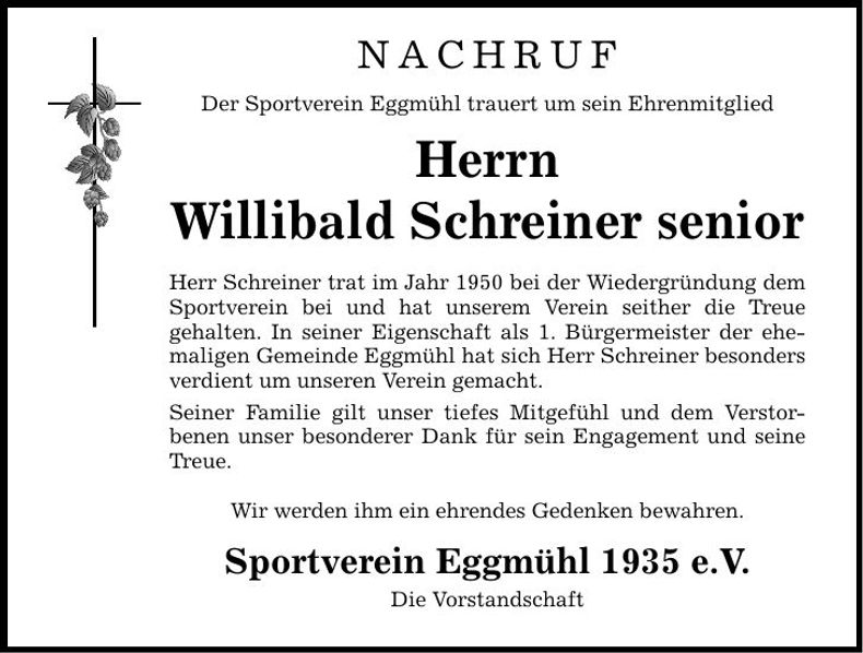 Traueranzeige Willibald Schreiner