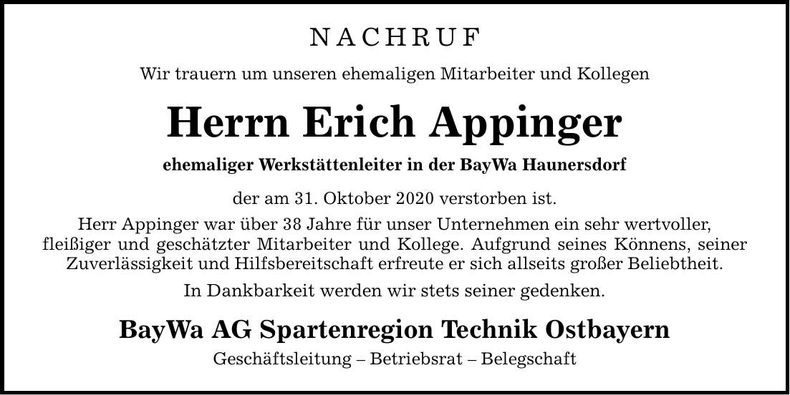 Traueranzeige Erich Appinger