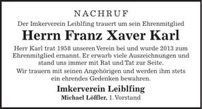 Traueranzeige Franz Xaver Karl