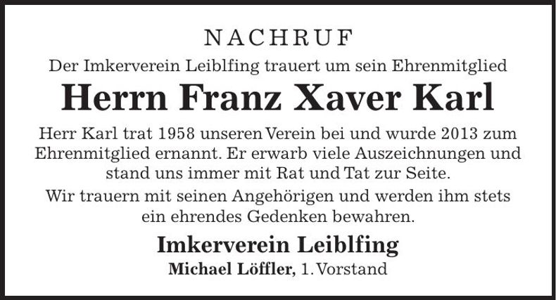 Traueranzeige Franz Xaver Karl