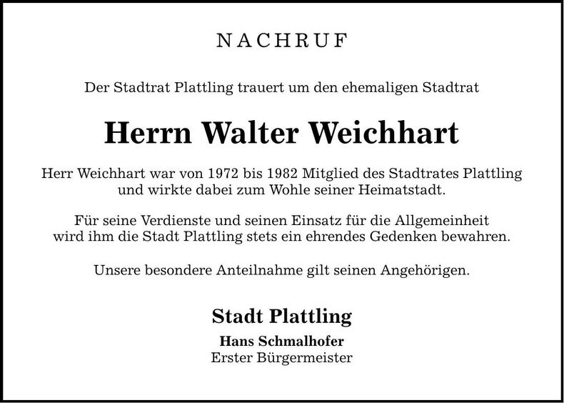 Traueranzeige Walter Weichhart