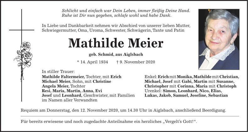 Traueranzeige Mathilde Meier
