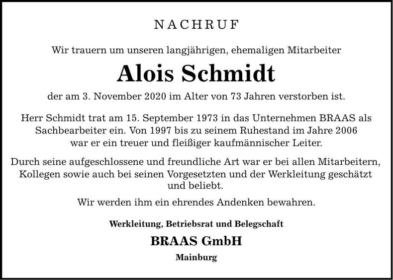 Traueranzeige Alois Schmidt