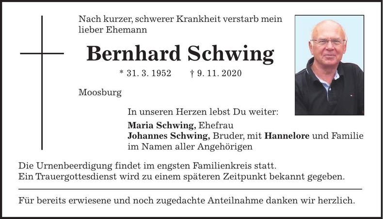 Traueranzeige Bernhard Schwing
