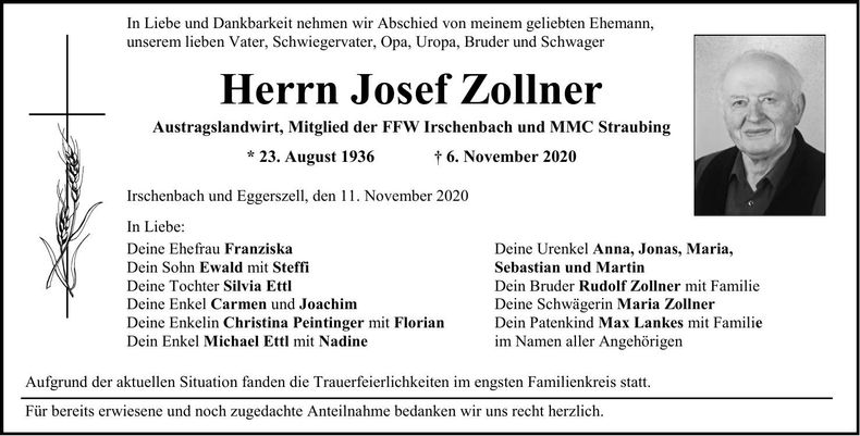 Traueranzeige Josef Zollner