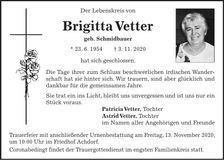Traueranzeige Brigitta Vetter