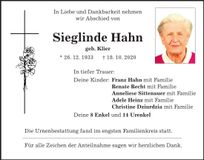 Traueranzeige Sieglinde Hahn