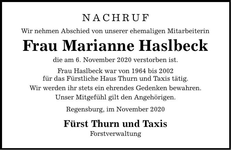 Traueranzeige Marianne Haslbeck