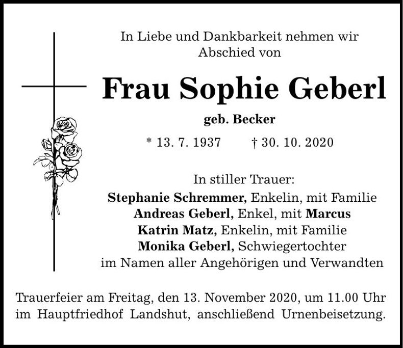 Traueranzeige Sophie Geberl