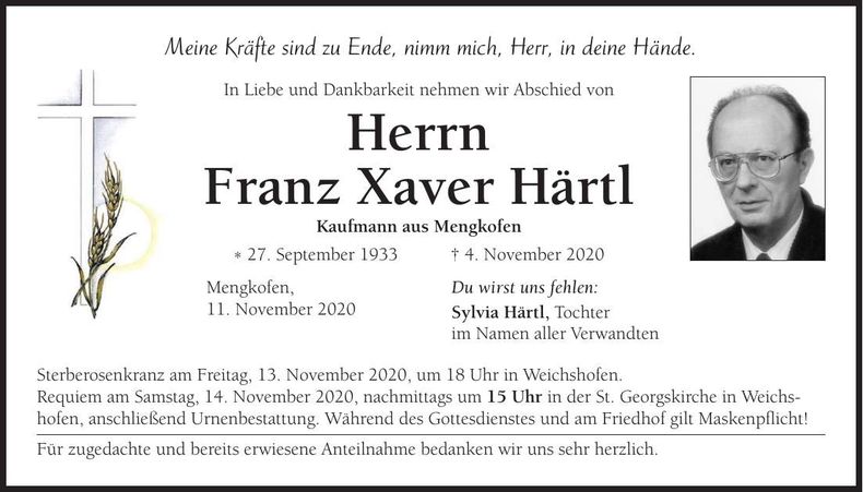 Traueranzeige Franz Xaver Härtl