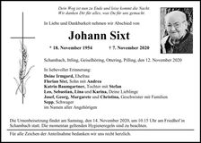 Traueranzeige Johann Sixt