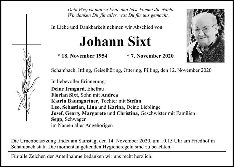 Traueranzeige Johann Sixt