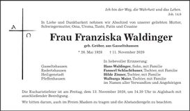 Traueranzeige Franziska Waldinger