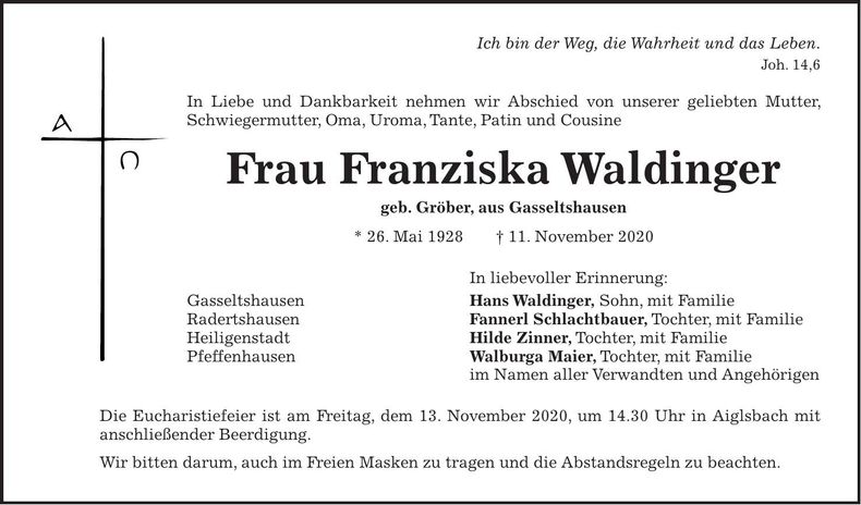 Traueranzeige Franziska Waldinger