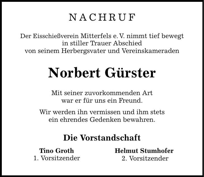 Traueranzeige Norbert Gürster