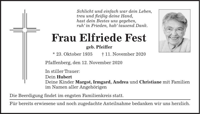 Traueranzeige Elfriede Fest