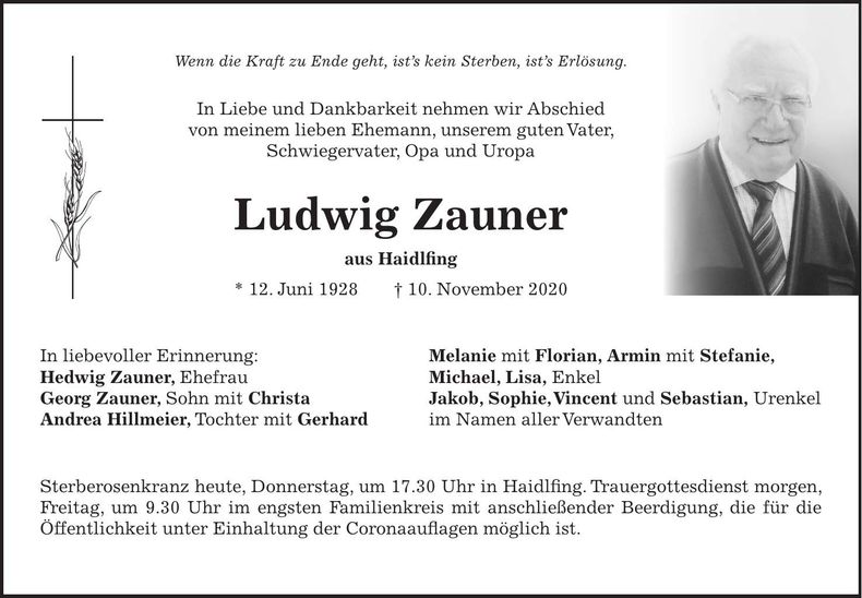 Traueranzeige Ludwig Zauner