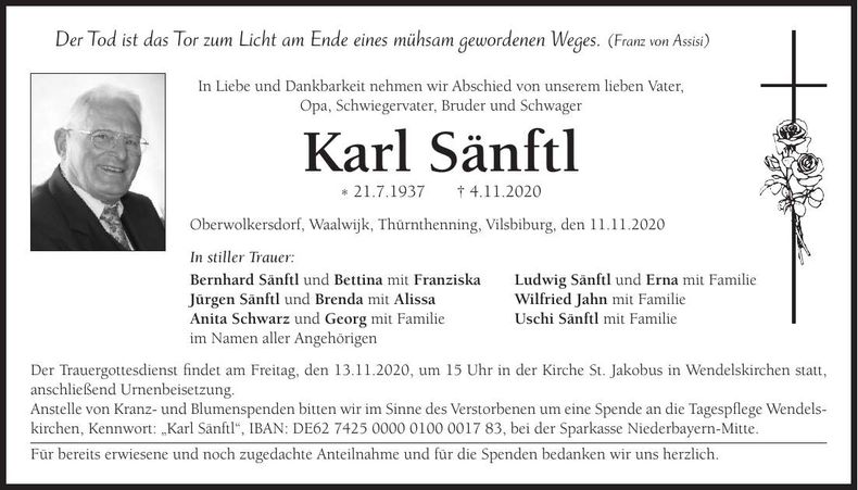 Traueranzeige Karl Sänftl