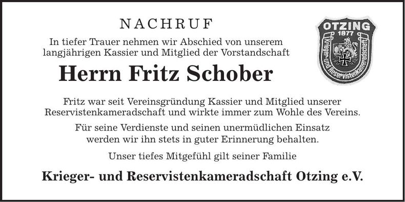 Traueranzeige Fritz Schober