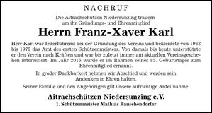 Traueranzeige Franz-Xaver Karl