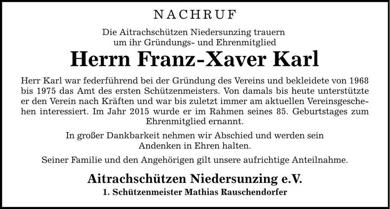 Traueranzeige Franz-Xaver Karl