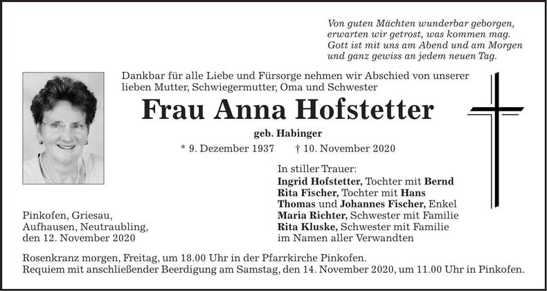 Traueranzeige Anna Hofstetter