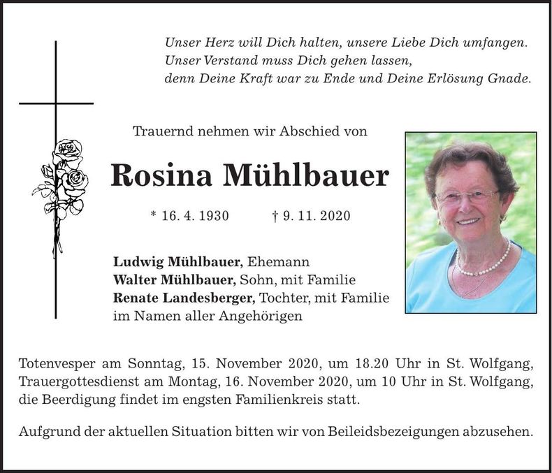 Traueranzeige Rosina Mühlbauer