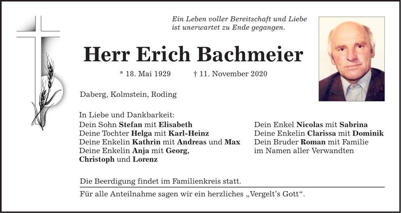 Traueranzeige Erich Bachmeier