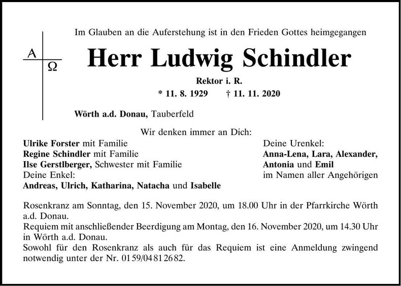 Traueranzeige Ludwig Schindler