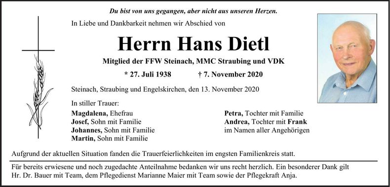 Traueranzeige Hans Dietl