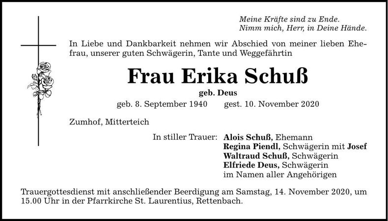 Traueranzeige Erika Schuß