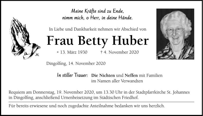 Traueranzeige Betty Huber