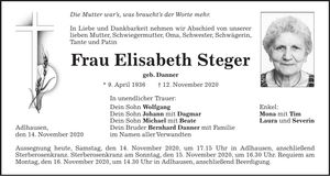 Traueranzeige Elisabeth Steger