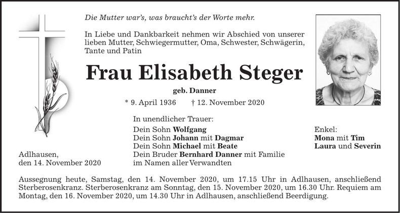 Traueranzeige Elisabeth Steger