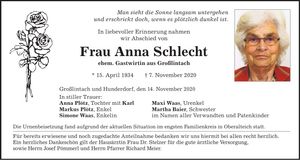 Traueranzeige Anna Schlecht