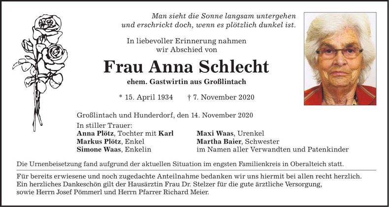 Traueranzeige Anna Schlecht