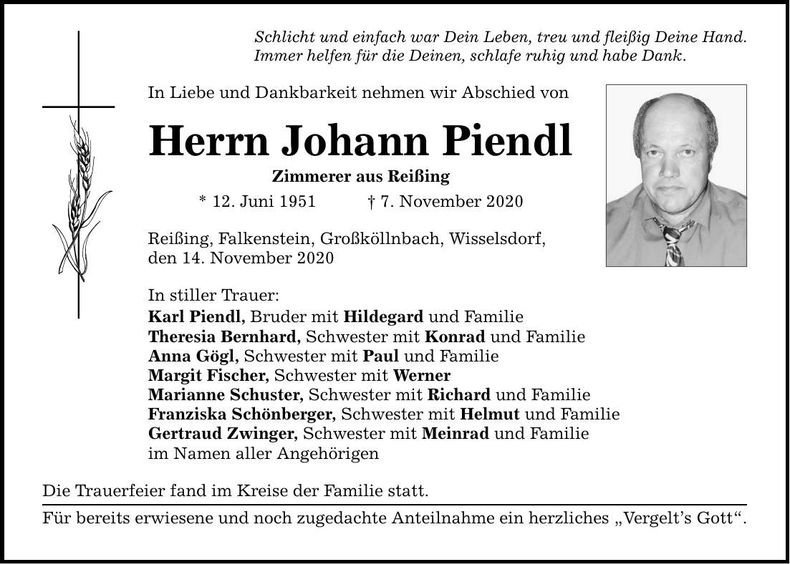 Traueranzeige Johann Piendl