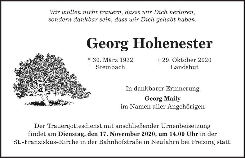 Traueranzeige Georg Hohenester
