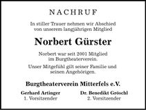 Traueranzeige Norbert Gürster