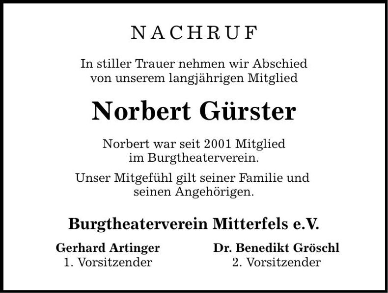 Traueranzeige Norbert Gürster