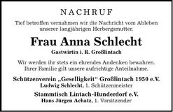 Traueranzeige Anna Schlecht