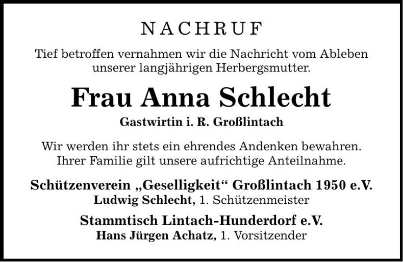 Traueranzeige Anna Schlecht