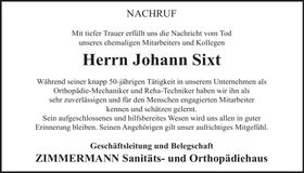 Traueranzeige Johann Sixt